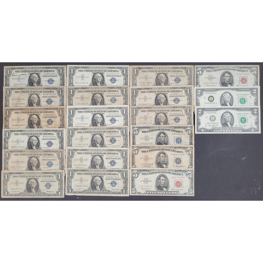 Collection Of 21, 1935, 1953, 1957, 1963, 2003, 2009 Series $1, $2, $5 Silver Certificates And Notes: **THIS LOT CAN NOT BE SHIPPED TO MEXICO OR CHINA** Collection Of 21, 1935, 1953, 1957, 1963, 2003, 2009 Series $1, $2, $5 Silver Certificates And Notes. Lot includes 1 2009 series $2, 1 2003 series $2
