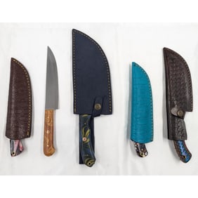 5Pc Hand Made Damascus Steel Knives And Sheathes