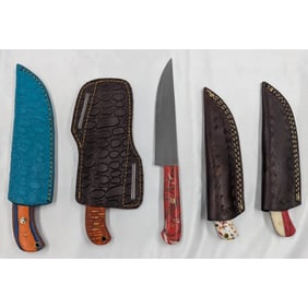 5Pc Hand Made Damascus Steel Knives And Sheathes