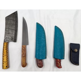 5Pc Hand Made Damascus Steel Knives And Sheathes