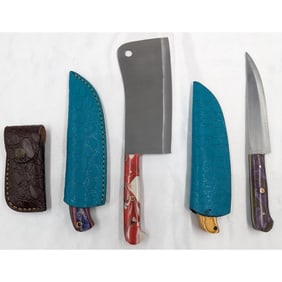 5Pc Hand Made Damascus Steel Knives And Sheathes
