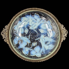 Vintage French Sabino Opalescent Art Glass Centerpiece Bowl With Bronze Handles
