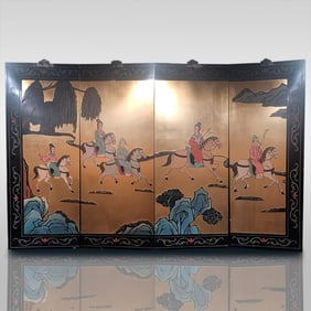 Set Of 4 Chinese Hand-Painted Brass Wood Panels