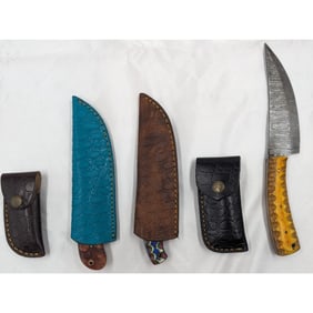 5Pc Hand Made Damascus Steel Knives And Sheathes