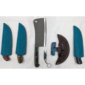 6Pc Hand Made Damascus Steel Knives And Sheathes
