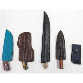 5Pc Hand Made Damascus Steel Knives And Sheathes