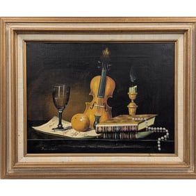 Vintage Oil On Canvas Still-Life Painting, Depicting A Violin