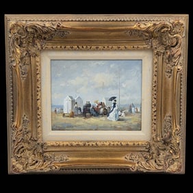 Vintage Oil On Wood Impressionist Beach Scene Painting