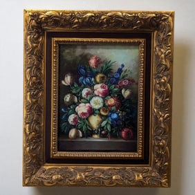 Signed Vintage Oil On Wood Still-Life Flower Painting With Beautiful Frame