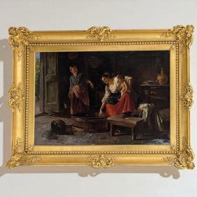 Signed 19th Century O/C Interior Painting Of A Mother With A Child, In Ornate Frame