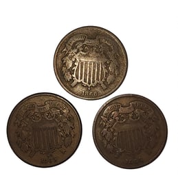 Lot Of 3 Antique Coins 1864, 1865 And 1866 2 Cents Ungraded