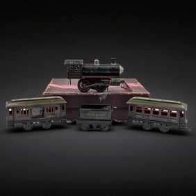 Antique 1920s Karl Bub O-Gauge Tinplate Locomotive, Passenger Cars, And Tender In A Box, 4 Pieces