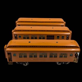 Lot Of 3 Vintage New York Central Lines Tinplate Orange Train Cars, Marked Robert McCoy