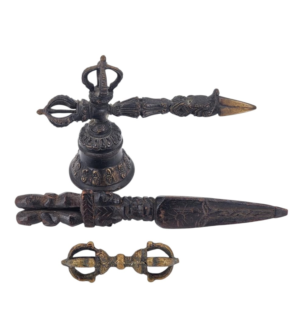 Old Asian Tibetan Bronze Ceremonial Prayer Vajra Bell Plus 2 Vajra Wooden And Bronze (3 PCS): Old Asian Tibetan Bronze Ceremonial Prayer Vajra Bell Plus 2 Vajra Wooden And Bronze . Measures Approx. 8" X 5", Wooden One 9 3/4" And Small Bronze One 4". Please copy and paste the URL li