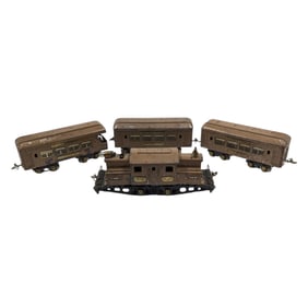 Vintage Ives Railway Lines 3255 O-Gauge Electric Locomotive With 3 Tinplate Passenger Cars