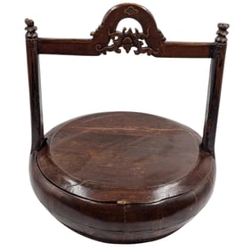 Large Antique Chinese Carved Wood Lidded Basket, Possibly A Rice Bucket