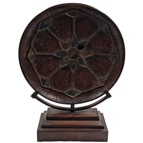 Vintage Copper And Stained Glass Mounted Decorative Charger, In The Style Of Gustav Stickley