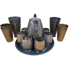 Middle Eastern Hand Chased Brass Tea And Cup Set