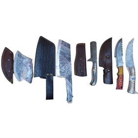 5Pc Hand Made Damascus Steel Knives And Sheathes
