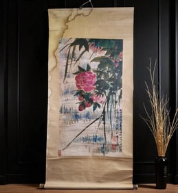 A Chinese Scroll Watercolor Painting With Calligraphy And Seal Marks Age Unknown