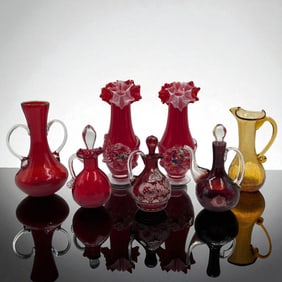 Lot Of 7 Vintage Glass Vases / Vessels, Mostly Handblown Cranberry Glass