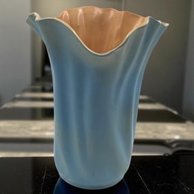 Large Vintage Roseville Pottery Blue And Orange Ruffled Vase