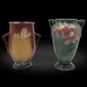 Pair Of Vintage Roseville Pottery Two Handle Vases, One Brown Primrose And A Green Clematis Vase