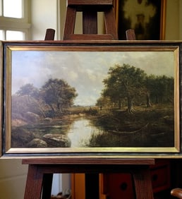 A Large Antique 19th Century Barbizon School Oil On Canvas Painting, Signed J. T. Hore Lower Left