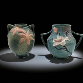Pair Of Vintage Roseville Pottery Double Handled Vases, One Magnolia And One Clematis
