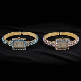 Pair Of Vintage Kirks Folly Rhinestone Cuff Bangle Leopard Print Watches