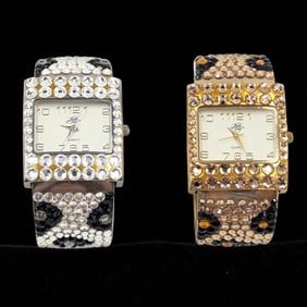 Pair Of Vintage Kirks Folly Aurora Borealis Crystal Bangle Watches