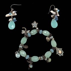 Vintage Kirks Folly Glass Beaded Pendant Bracelet And Pair Of Earrings