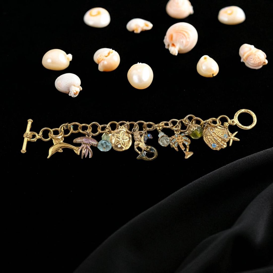 Vintage Kirks Folly Gold Tone Ocean Themed Charm And Glass Bead Bracelet (1 of 7)