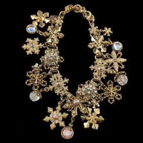 Vintage Kirks Folly Crystal And Enamel Gold Tone Snowflake Charm Bracelet