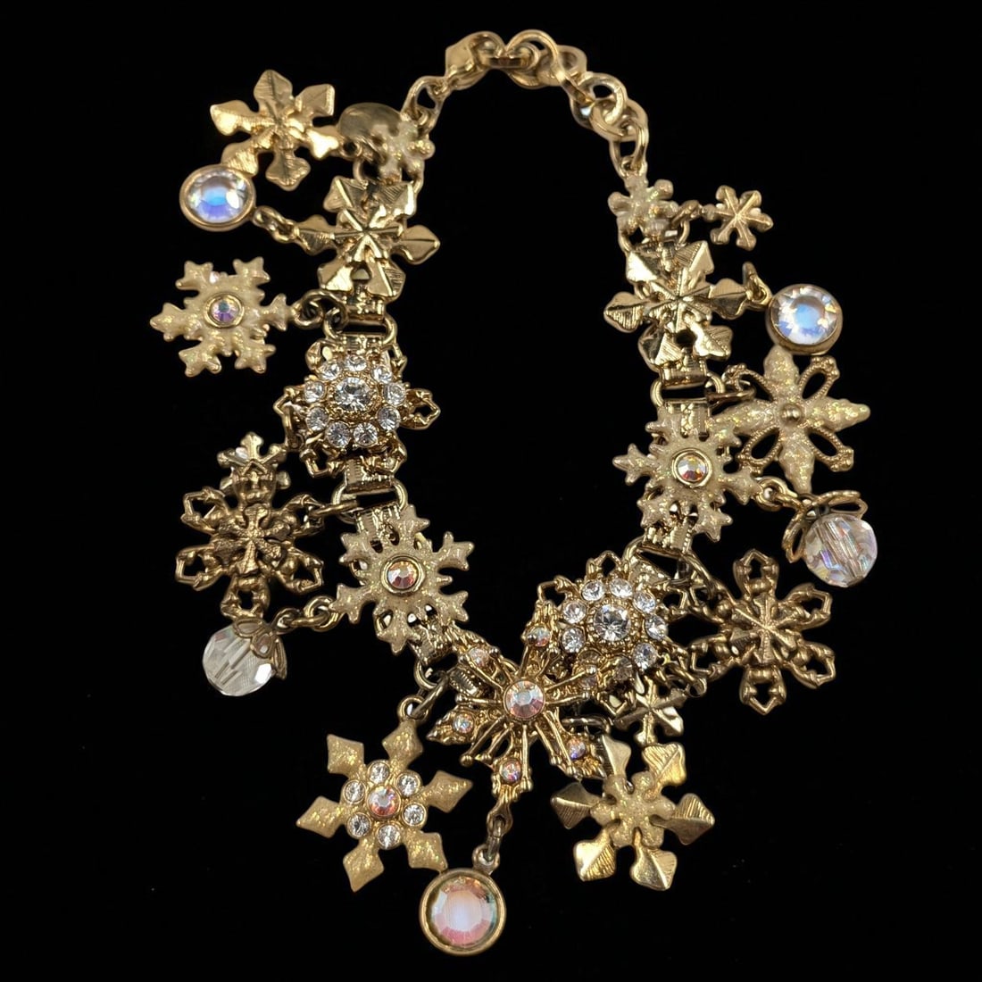 Vintage Kirks Folly Crystal And Enamel Gold Tone Snowflake Charm Bracelet (1 of 12)