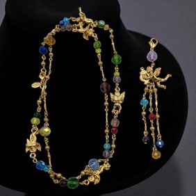 Vintage Kirks Folly Gold Tone Cherub Necklace And Pendant, With Glass Beads