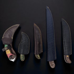 5Pc Hand Made Damascus Steel Knives And Sheaths