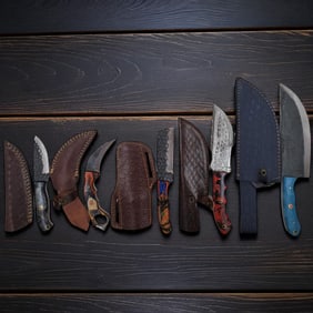 5Pc Hand Made Damascus Steel Knives And Sheaths