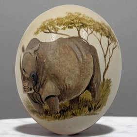 Vintage Hand Painted Ostrich Egg Depicting A Rhinoceros, Signed S, Winterbach