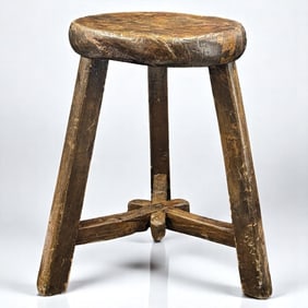 An Antique Carved Wood Three-Legged Stool, Possibly Elm, Likely Used As A Milking Stool