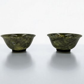 Pair Of Chinese Carved Spinach Jade Bowls In Decorative Box