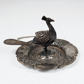 Antique Low Grade Silver Peacock Salt Dip, Unmarked