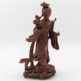 A Fine Chinese Goldstone Geisha Sculpture On Wooden Stand