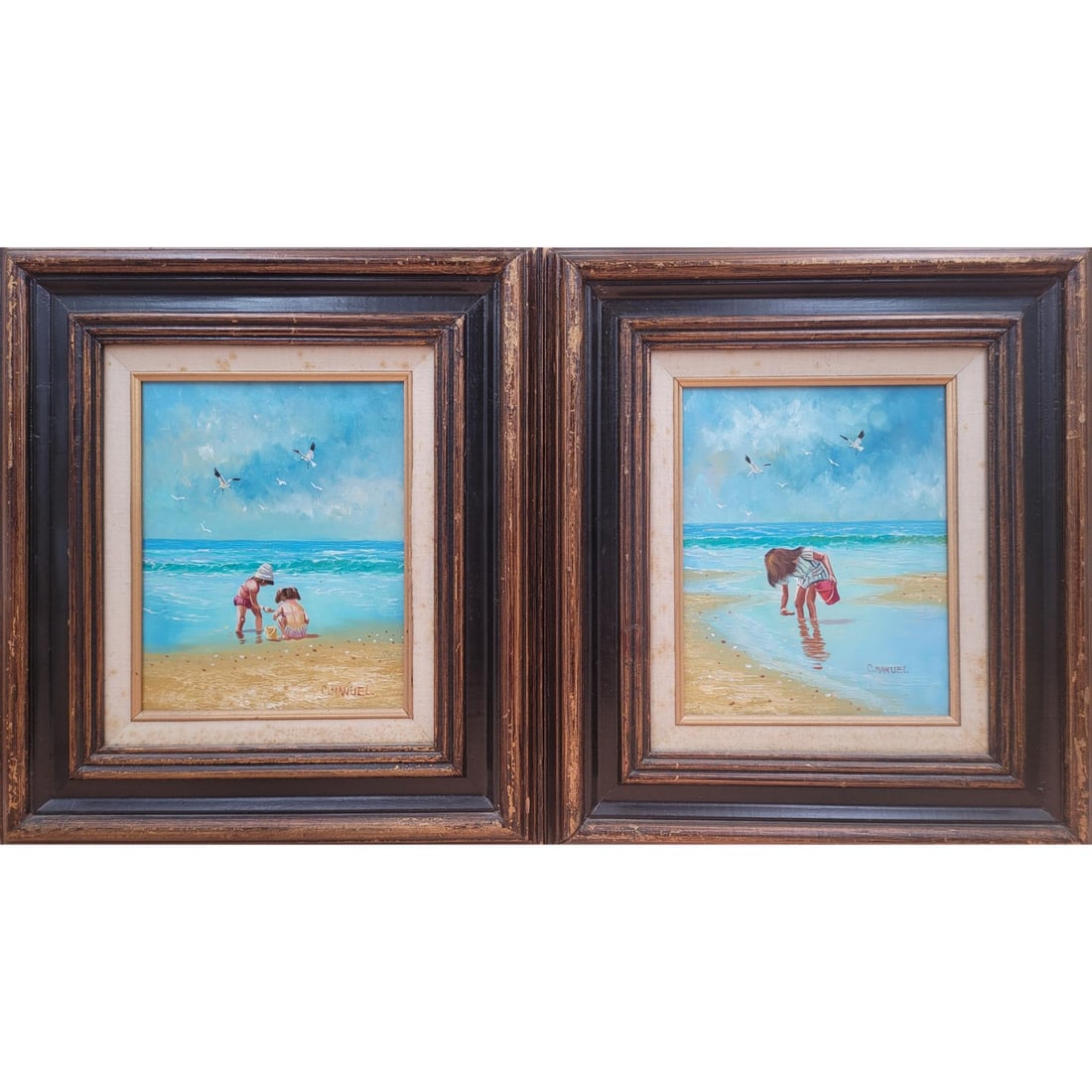 Pair Of C. Manuel Signed "Children On Beach" Oil On Board Paintings: Pair Of C. Manuel Signed "Children On Beach" Oil On Board Paintings. Measures approx. 18" X 15.5" sight 9.5" X 7.5" each Please copy and paste the URL link below to review our Terms and Con