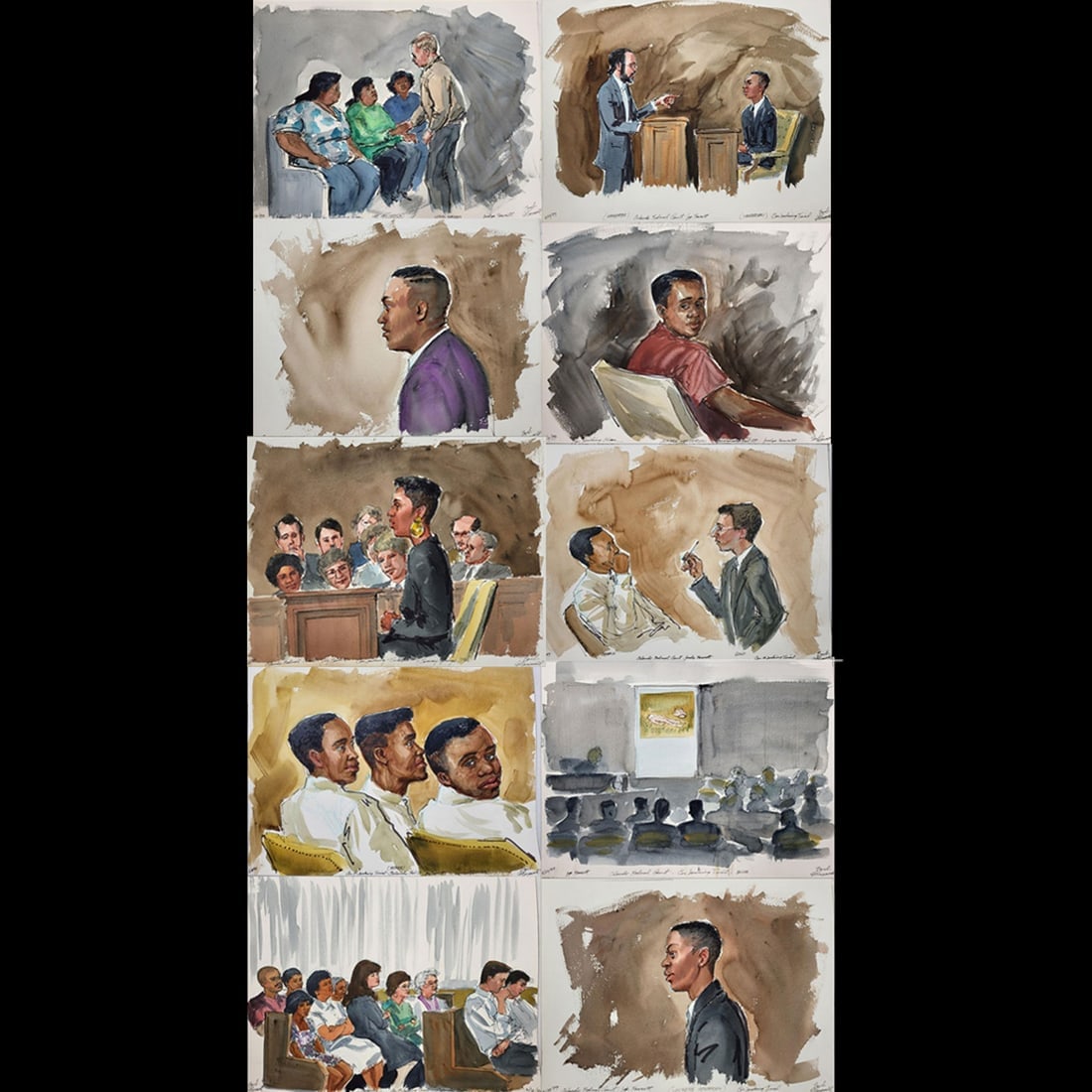 Set Of 38 Watercolor Courtroom, Narrative, & Execution Scene Paintings By Barbara Maxwell: Set Of 38 Watercolor Courtroom, Narrative, & Execution Scene Paintings By Barbara Maxwell. ***PLEASE NOTE, all paintings can be seen in the first three photos, please see pics*** Each measures approx.