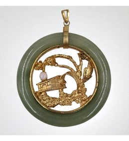 A Beautiful Vintage Chinese Scenic Jade Pendant With Gilt Metal And Moonstone