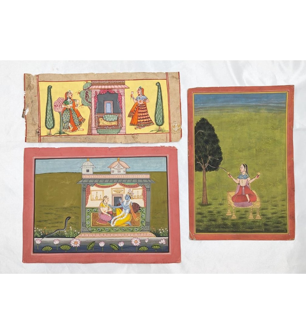 Lot Of 3 Indian Bundi And Pahari School Miniature Tempura On Paper Paintings: Lot Of 3 Indian Bundi And Pahari School Miniature Tempura On Paper Paintings. Measures approx. 9" X 11 1/2", 5 1/2" X 12", and 11 3/4" X 8". Please copy and paste the URL link below to r