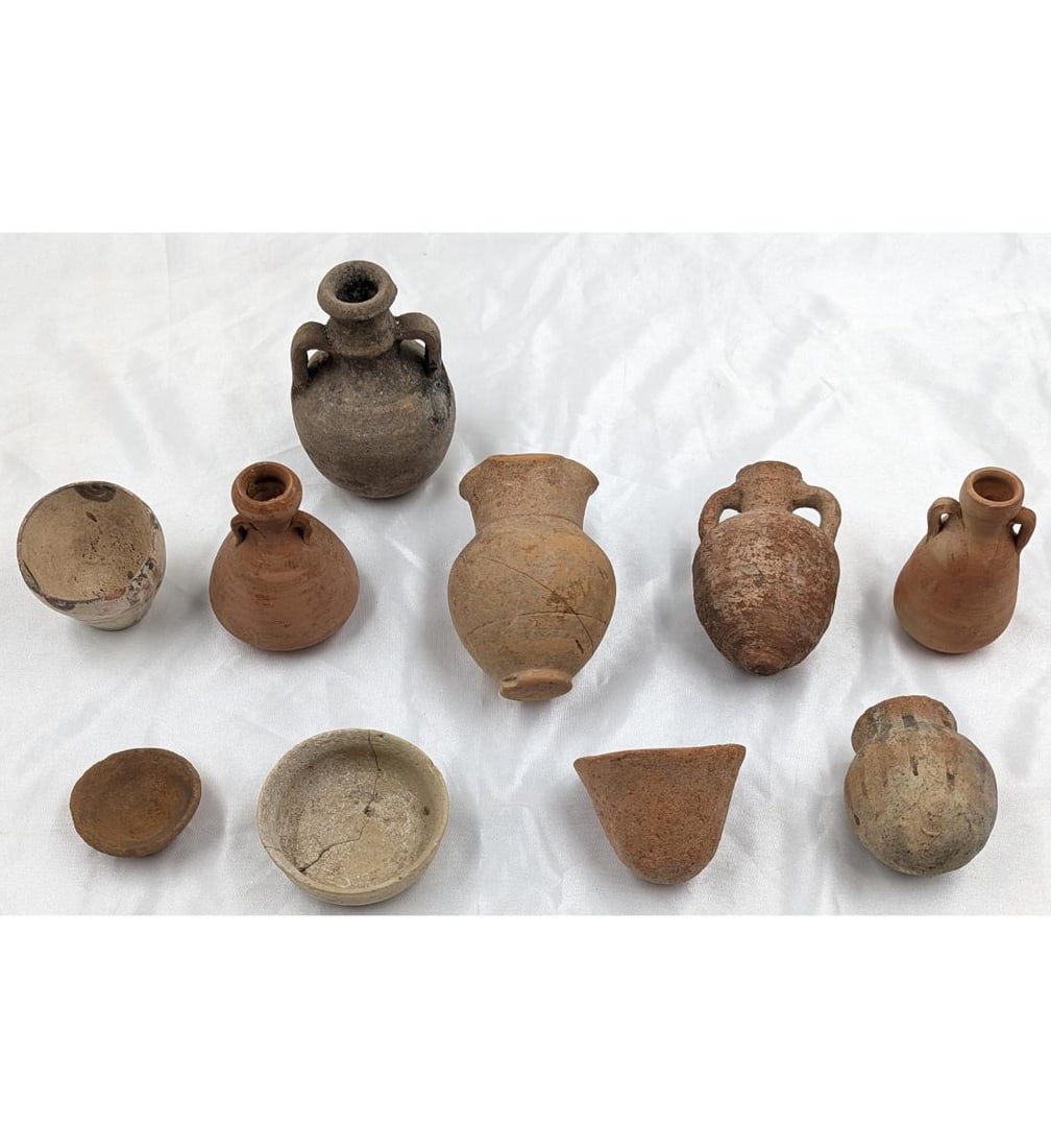 Lot Of 10 Old Pottery Miniature Vases / Vessel, Some Roman Amphora: Lot Of 10 Old Pottery Miniature Vases / Vessel, Some Roman Amphora. Measures approx. 1" X 2 1/4" to 4 3/4" Tall. Please copy and paste the URL link below to review our Terms and Conditio
