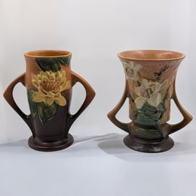 Pair Of Vintage Roseville Pottery Double Handled Vases, Water Lily And Magnolia Pattern