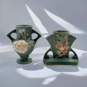Pair Of Vintage Roseville Pottery Green Vases, Clematis Triple Necked Vase And A Peony Handled Vase